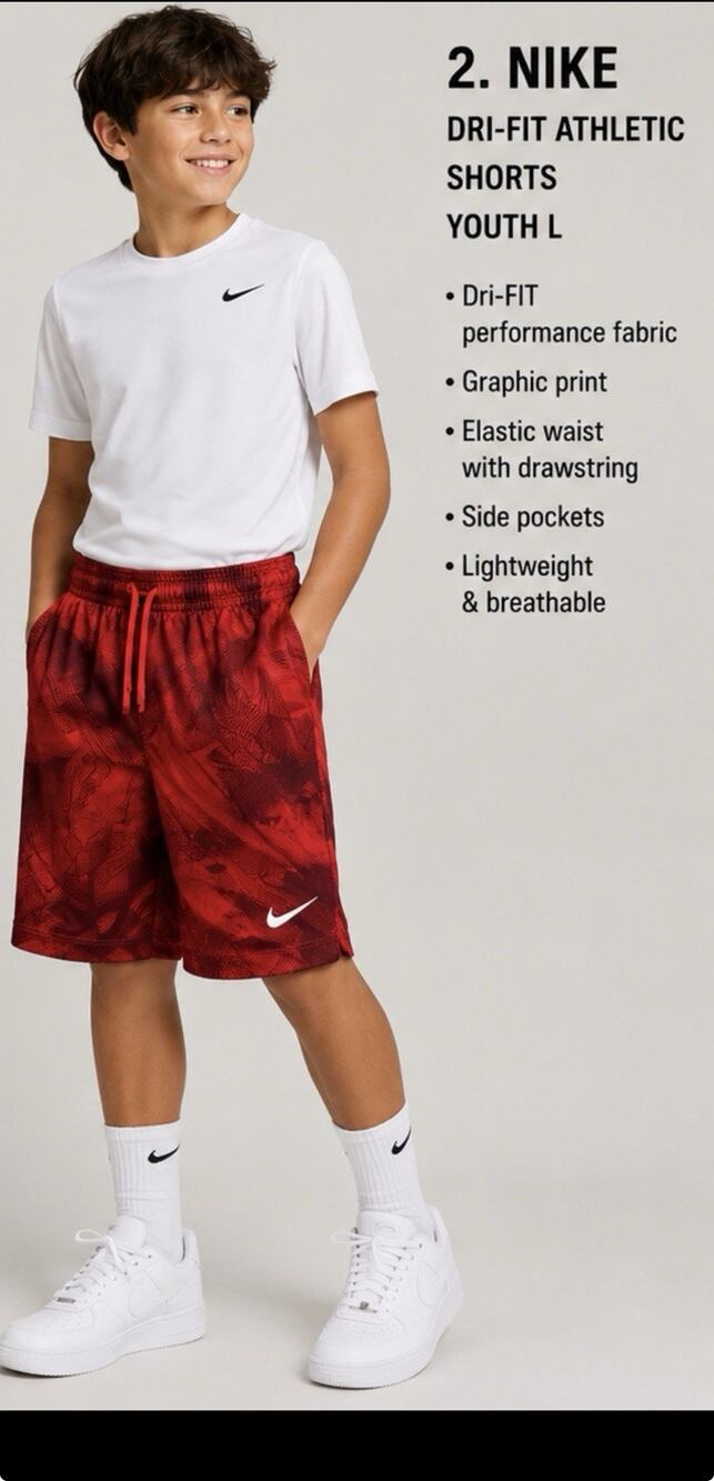Nike Dri-FIT Youth L Red Black Printed Athletic Training Shorts Drawstring